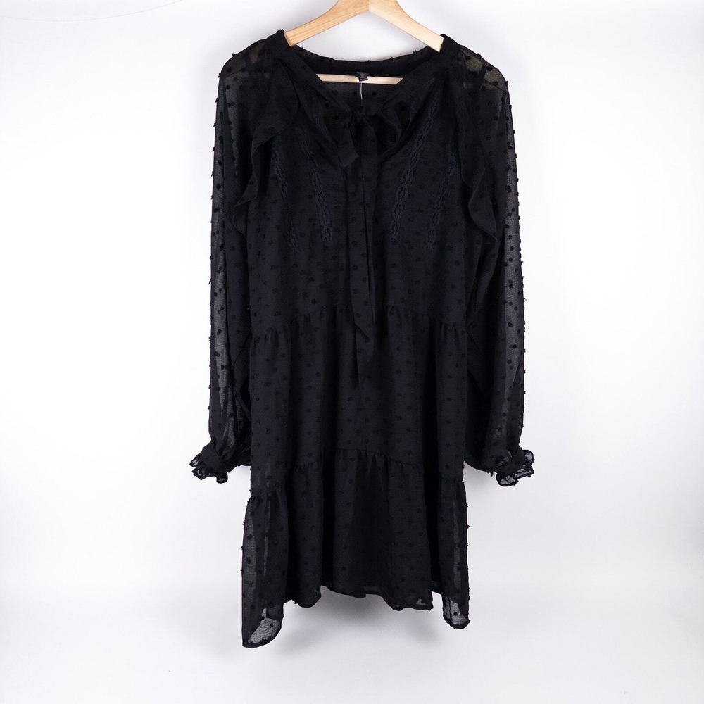 AQUA‎ Mini Dress Women Small Black Clip Dot Tiered Ruffle Tie Neck NWT